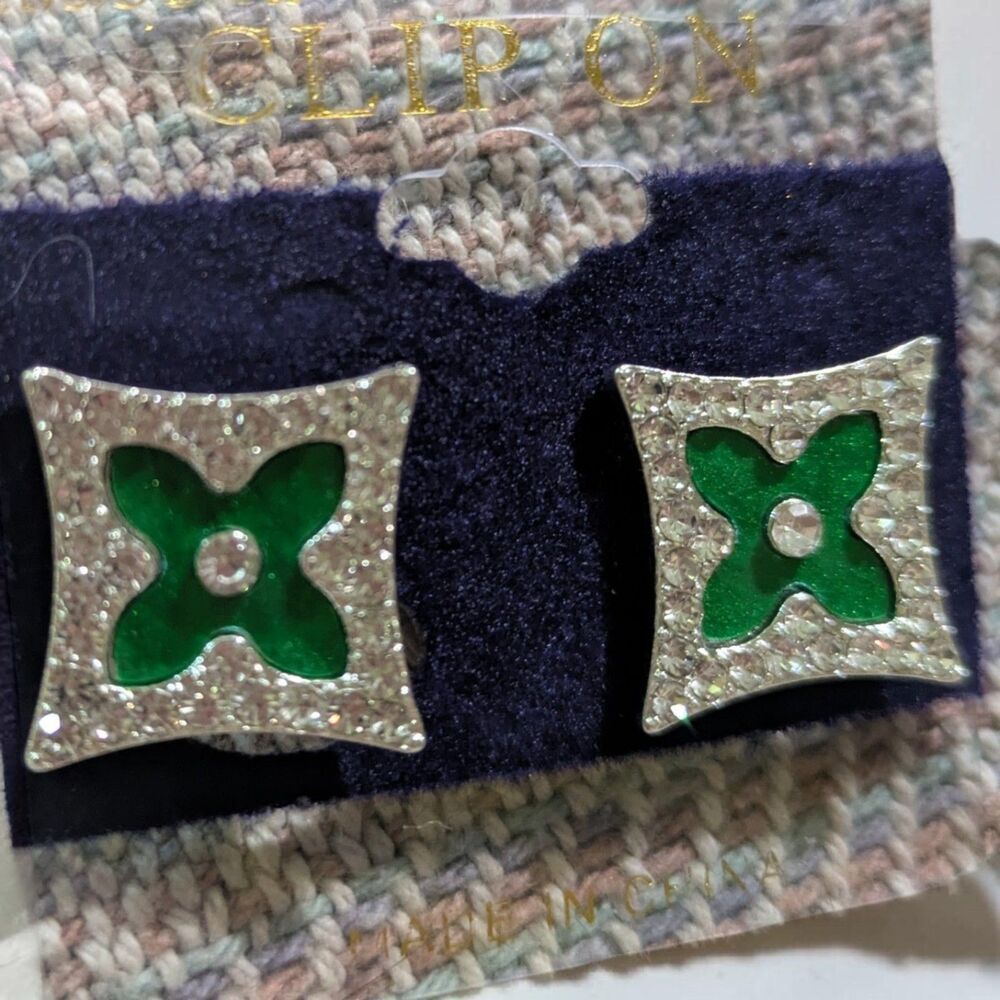 Green Clover Rhinestone Clip On Earrings Silver Statement Y2K Glam Coquette - Picture 4 of 4